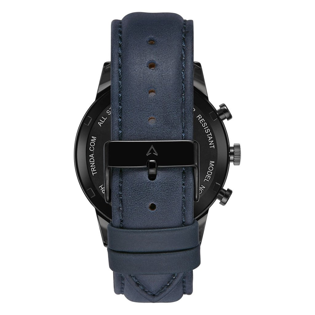 Orologio da uomo Trnda in acciaio inossidabile nero, cinturino in pelle blu | Trn-43dbl