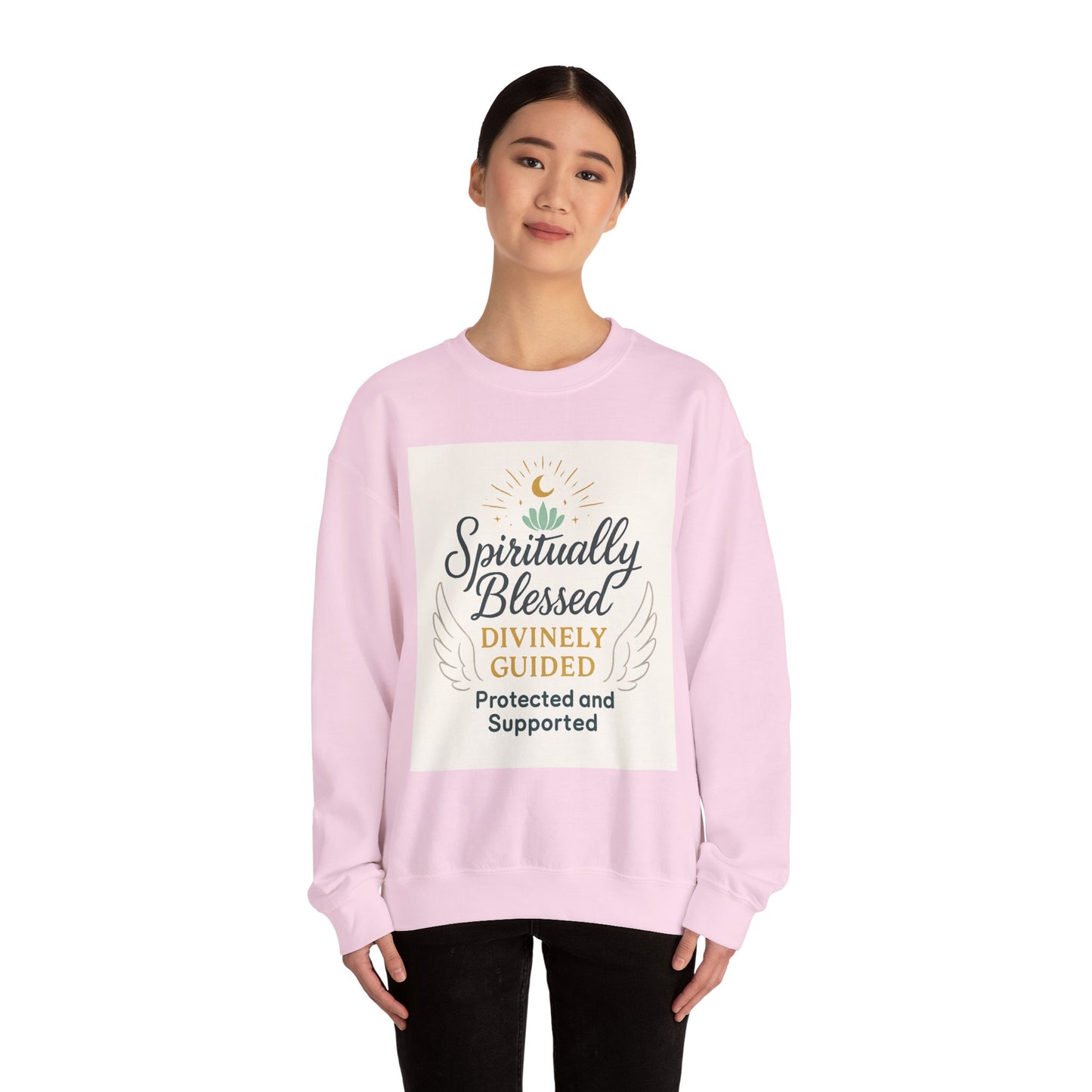 Felpa girocollo Spiritually Blessed — Pullover ispiratore "Spiritualmente benedetto, divinamente guidato" 
