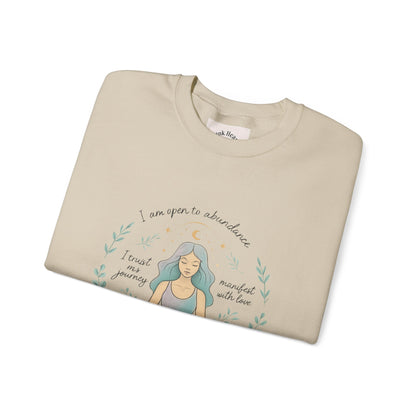 Felpa girocollo Meditation Girl — Pullover per yoga consapevole "Sono aperta all'abbondanza" 