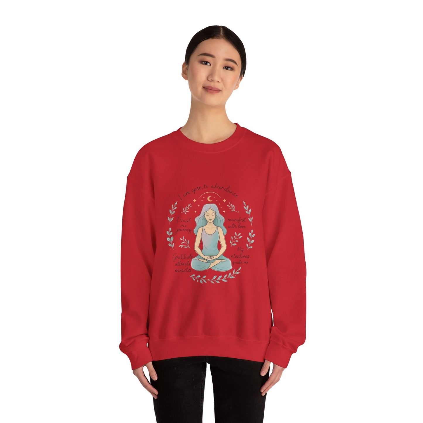 Felpa girocollo Meditation Girl — Pullover per yoga consapevole "Sono aperta all'abbondanza" 