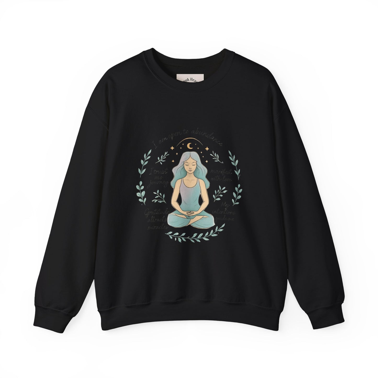 Felpa girocollo Meditation Girl — Pullover per yoga consapevole "Sono aperta all'abbondanza" 
