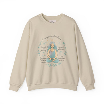 Felpa girocollo Meditation Girl — Pullover per yoga consapevole "Sono aperta all'abbondanza" 