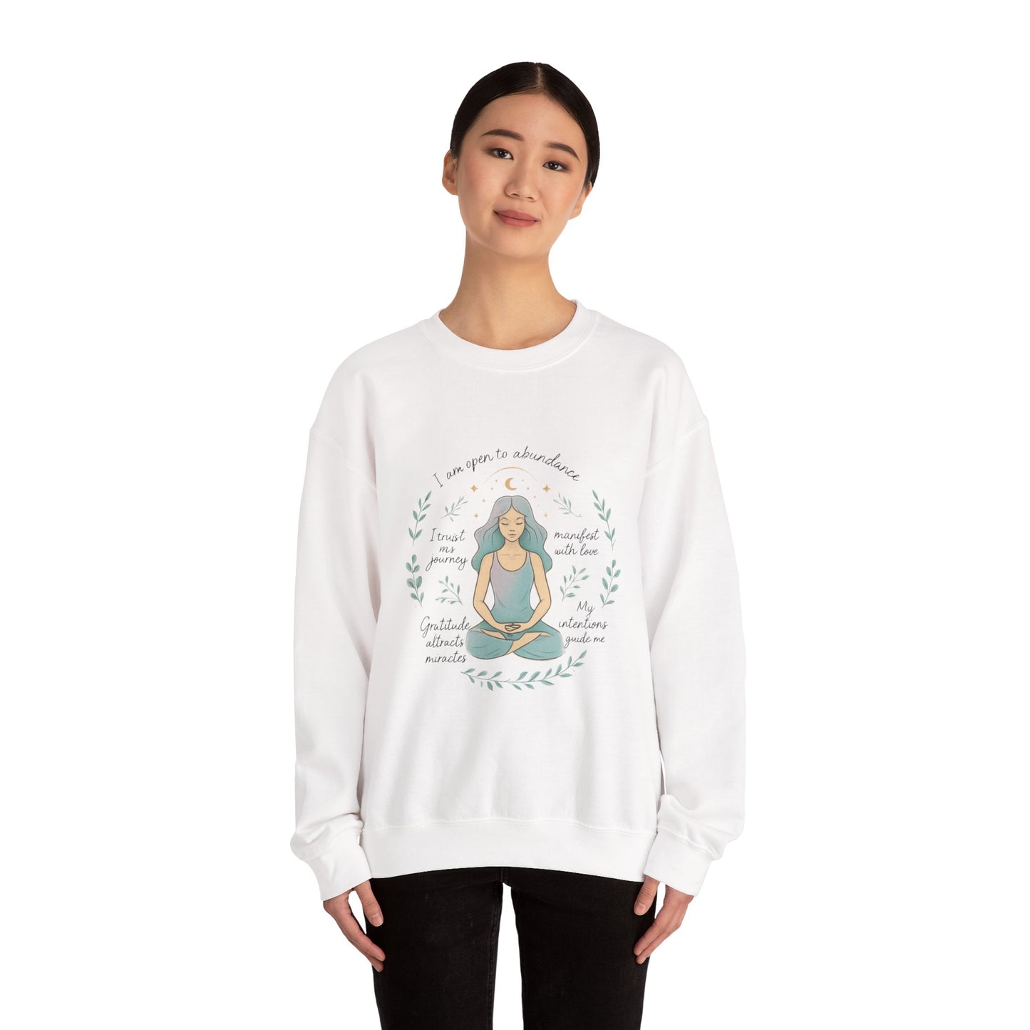 Felpa girocollo Meditation Girl — Pullover per yoga consapevole "Sono aperta all'abbondanza" 