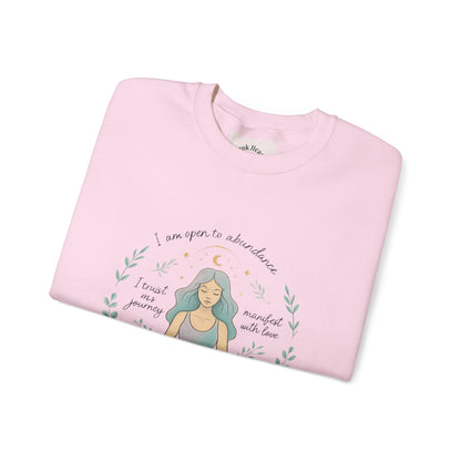 Felpa girocollo Meditation Girl — Pullover per yoga consapevole "Sono aperta all'abbondanza" 