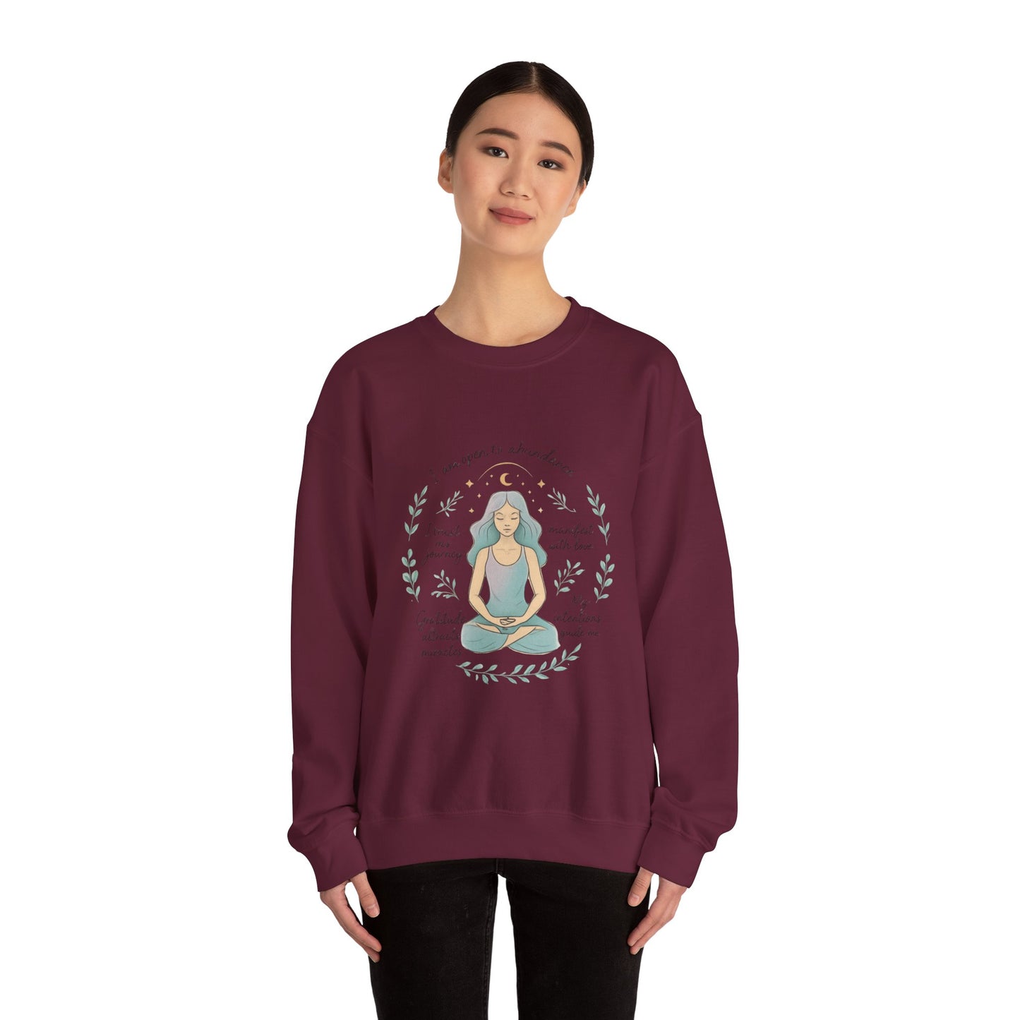 Felpa girocollo Meditation Girl — Pullover per yoga consapevole "Sono aperta all'abbondanza" 