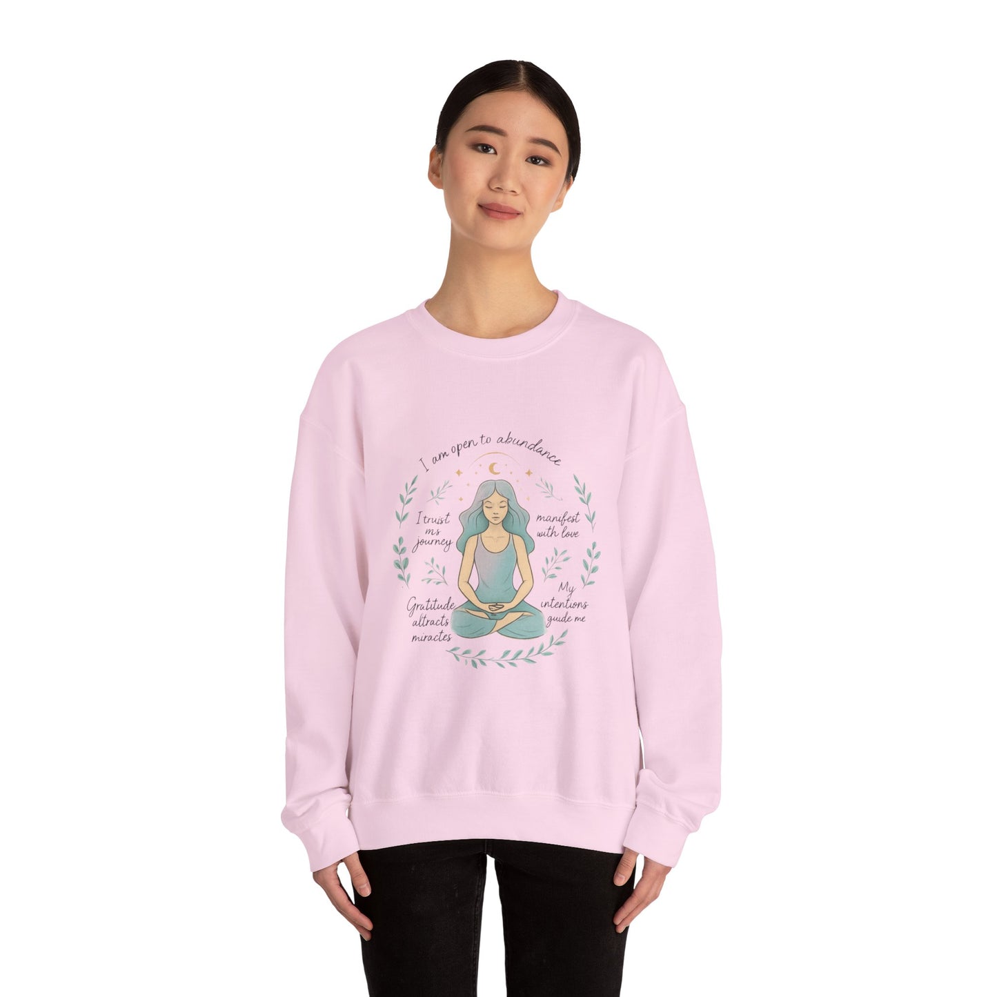 Felpa girocollo Meditation Girl — Pullover per yoga consapevole "Sono aperta all'abbondanza" 