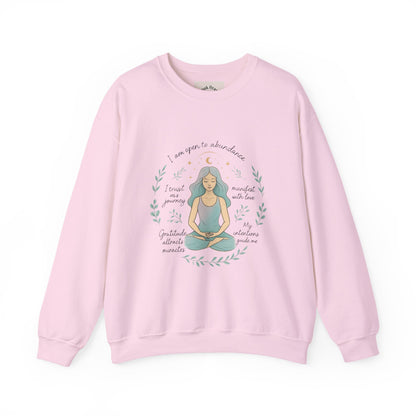Felpa girocollo Meditation Girl — Pullover per yoga consapevole "Sono aperta all'abbondanza" 