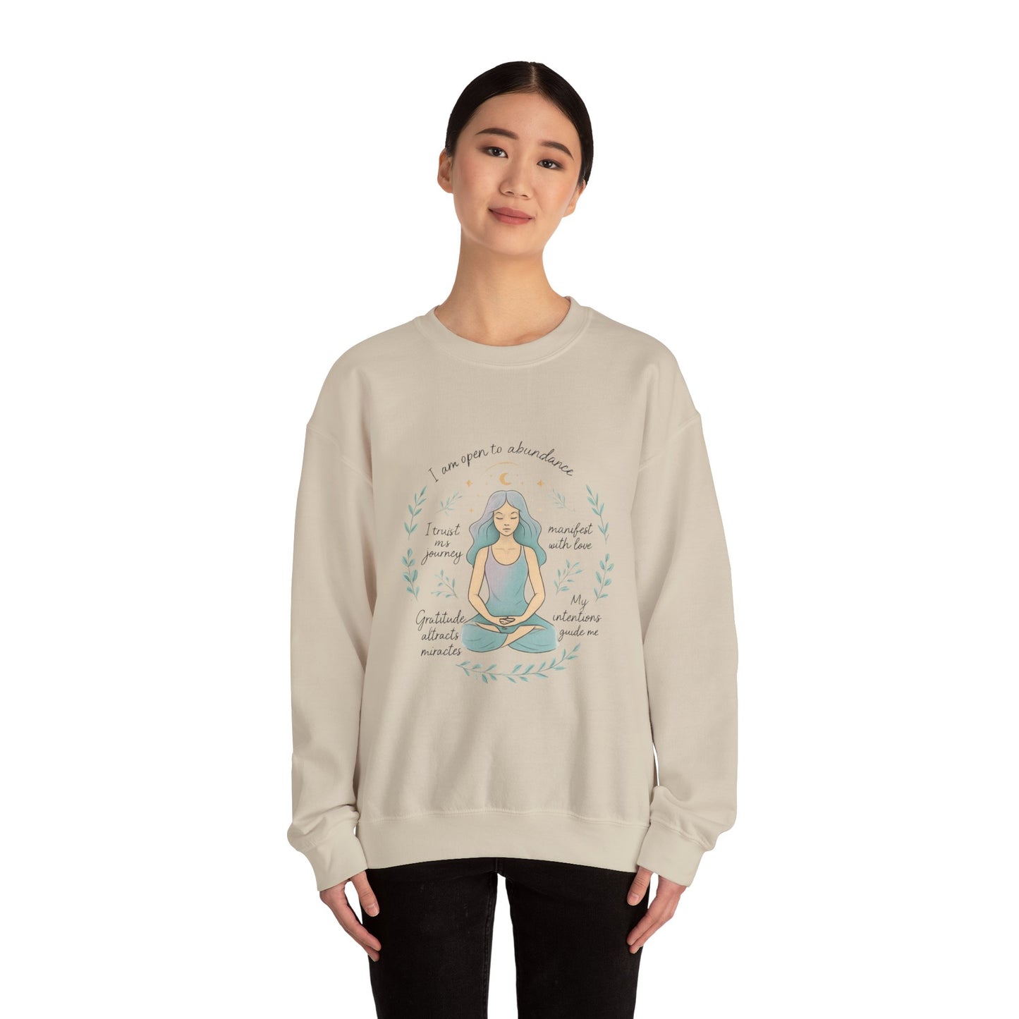 Felpa girocollo Meditation Girl — Pullover per yoga consapevole "Sono aperta all'abbondanza" 