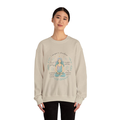 Felpa girocollo Meditation Girl — Pullover per yoga consapevole "Sono aperta all'abbondanza" 