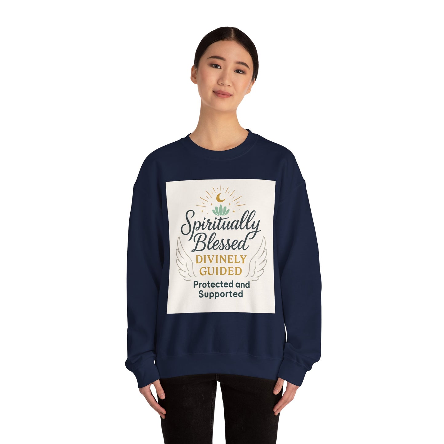 Felpa girocollo Spiritually Blessed — Pullover ispiratore "Spiritualmente benedetto, divinamente guidato" 