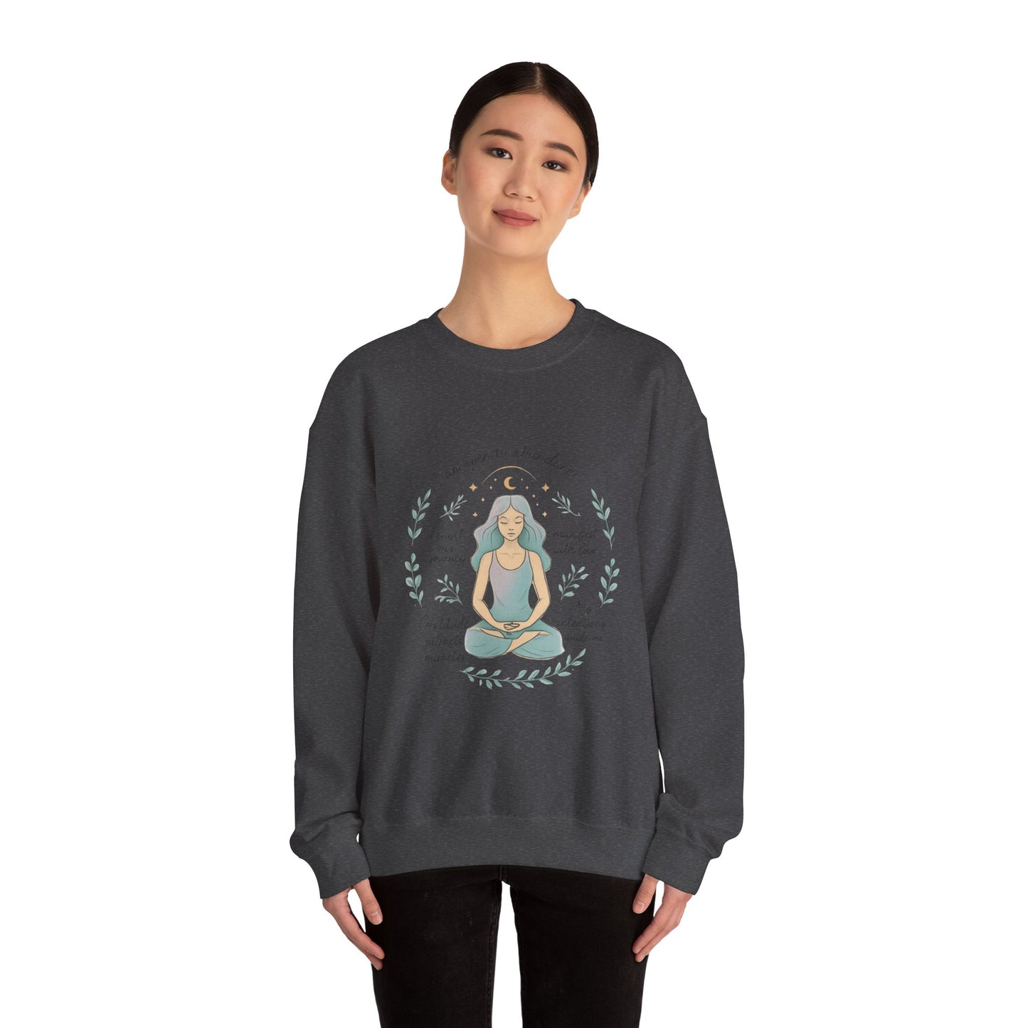 Felpa girocollo Meditation Girl — Pullover per yoga consapevole "Sono aperta all'abbondanza" 