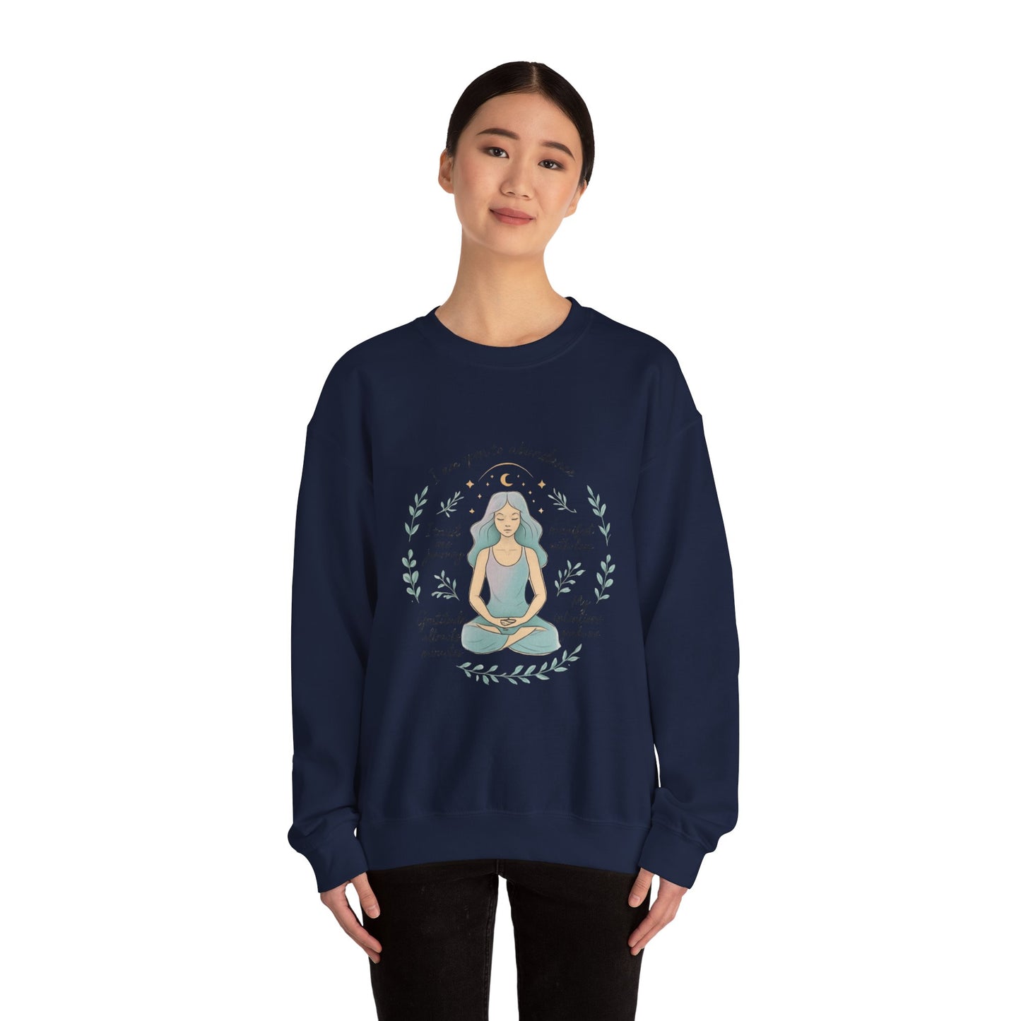 Felpa girocollo Meditation Girl — Pullover per yoga consapevole "Sono aperta all'abbondanza" 