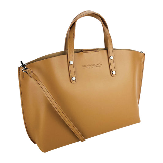 RB1024S| Borsa Donna a Mano in Vera Pelle Made in Italy con tracolla removibile. Sacca grande interna estraibile. Accessori Canna di Fucile Lucido - Colore Cognac - Dimensioni: cm 48x31x11