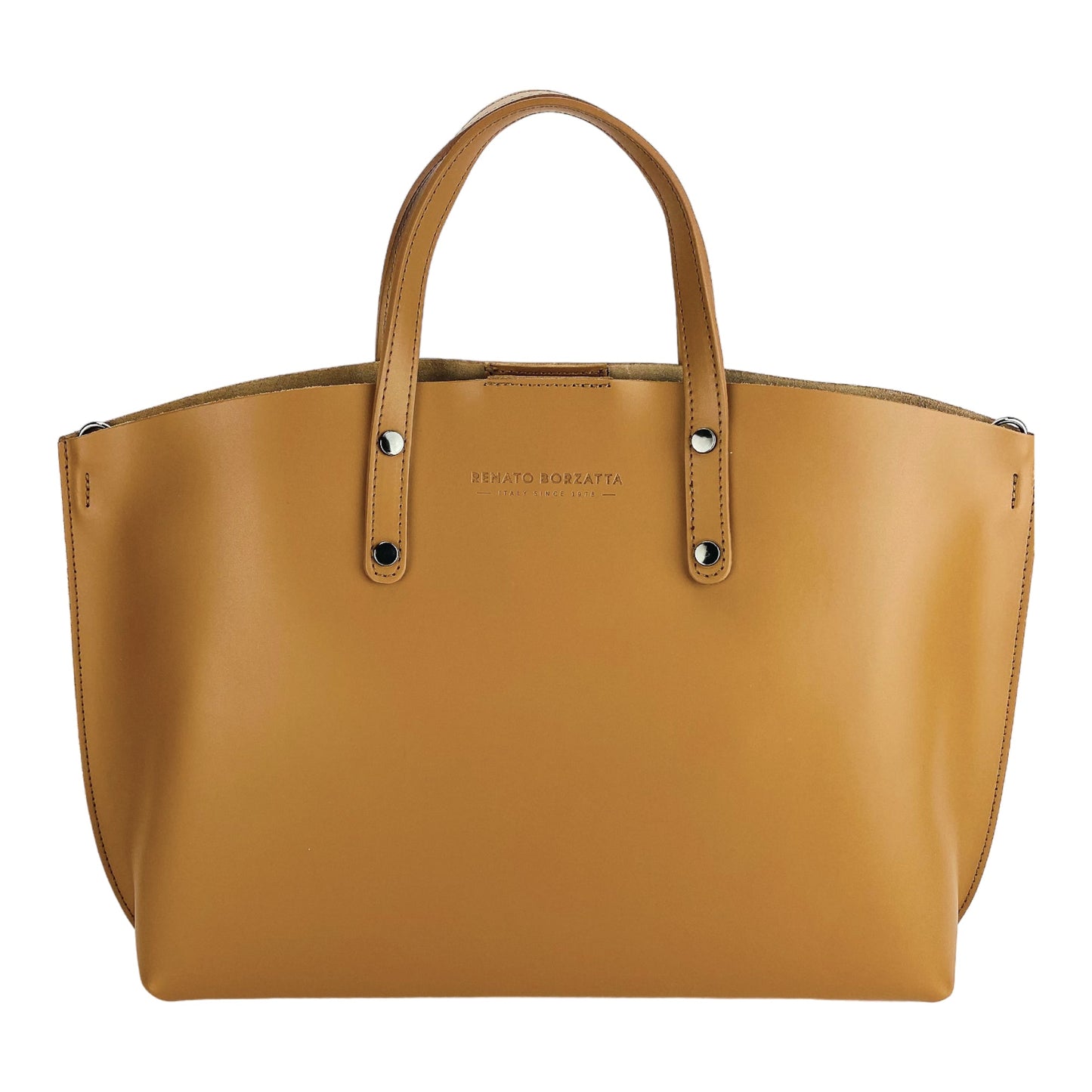 RB1024S| Borsa Donna a Mano in Vera Pelle Made in Italy con tracolla removibile. Sacca grande interna estraibile. Accessori Canna di Fucile Lucido - Colore Cognac - Dimensioni: cm 48x31x11