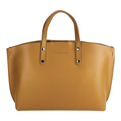 RB1024S| Borsa Donna a Mano in Vera Pelle Made in Italy con tracolla removibile. Sacca grande interna estraibile. Accessori Canna di Fucile Lucido - Colore Cognac - Dimensioni: cm 48x31x11