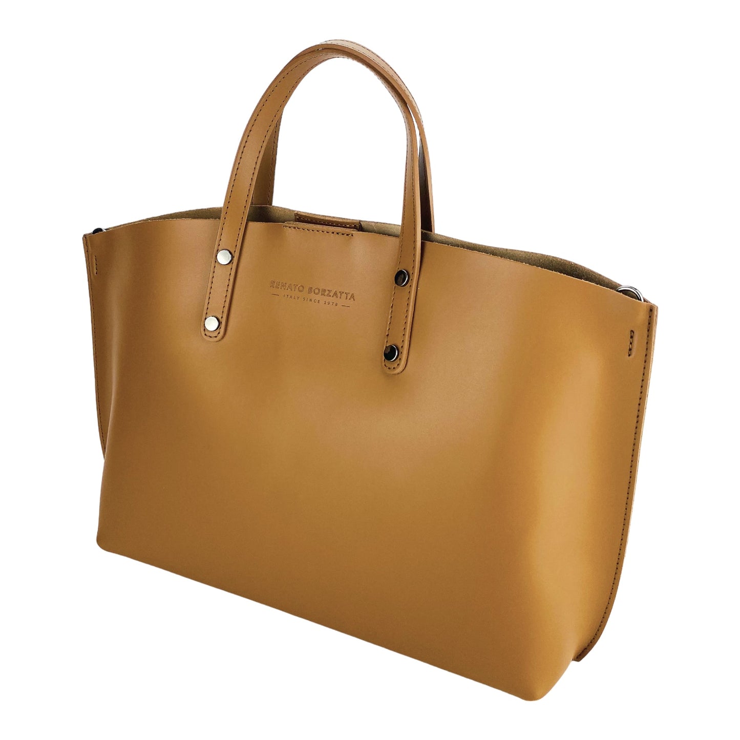 RB1024S| Borsa Donna a Mano in Vera Pelle Made in Italy con tracolla removibile. Sacca grande interna estraibile. Accessori Canna di Fucile Lucido - Colore Cognac - Dimensioni: cm 48x31x11