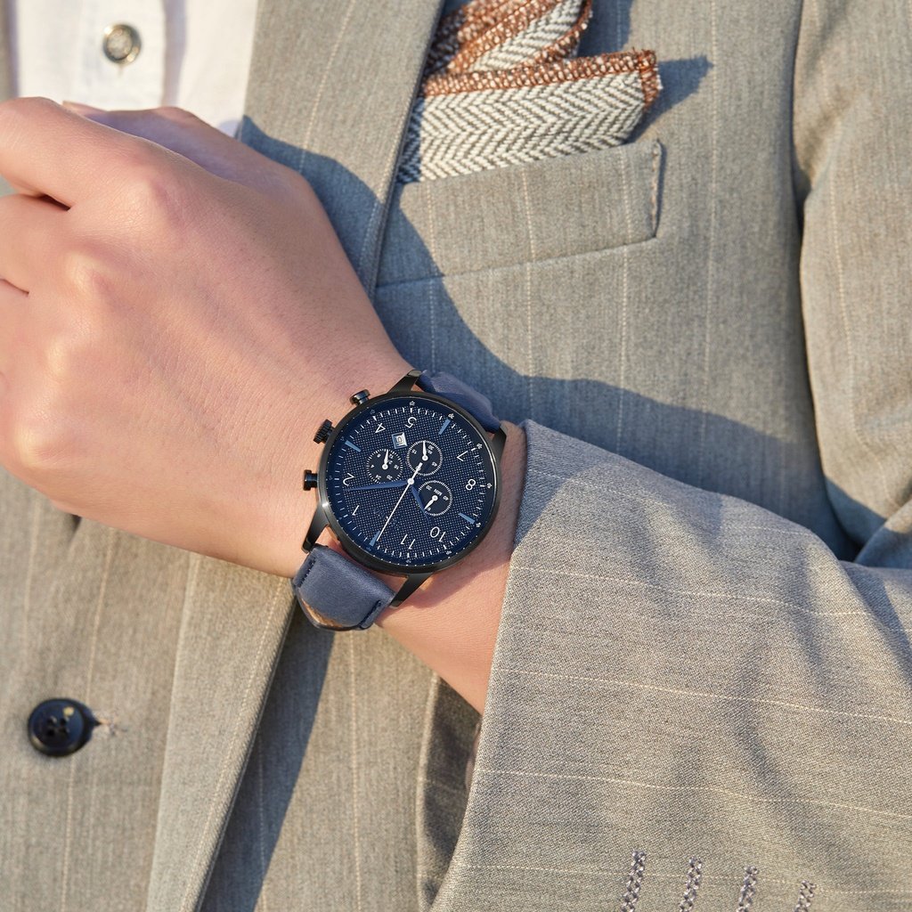 Orologio da uomo Trnda in acciaio inossidabile nero, cinturino in pelle blu | Trn-43dbl