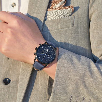 Orologio da uomo Trnda in acciaio inossidabile nero, cinturino in pelle blu | Trn-43dbl