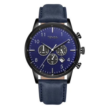 Orologio da uomo Trnda in acciaio inossidabile nero, cinturino in pelle blu | Trn-43dbl