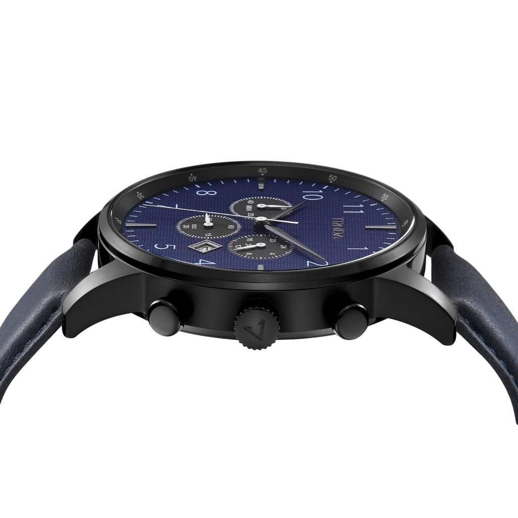 Orologio da uomo Trnda in acciaio inossidabile nero, cinturino in pelle blu | Trn-43dbl
