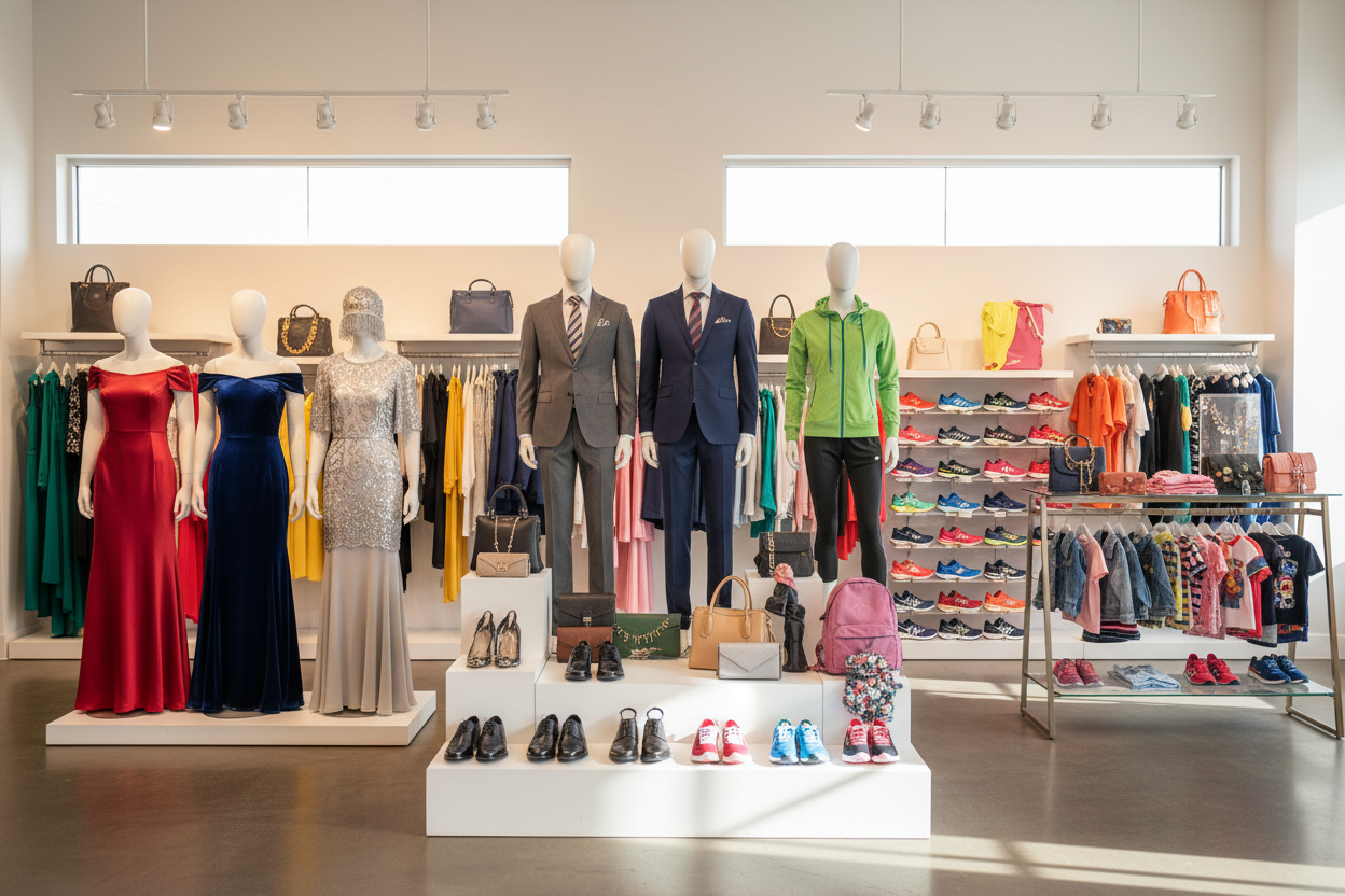 Different styles of clothing from elegant gowns and men suits to sports clothing, bags and shoes for all age groups