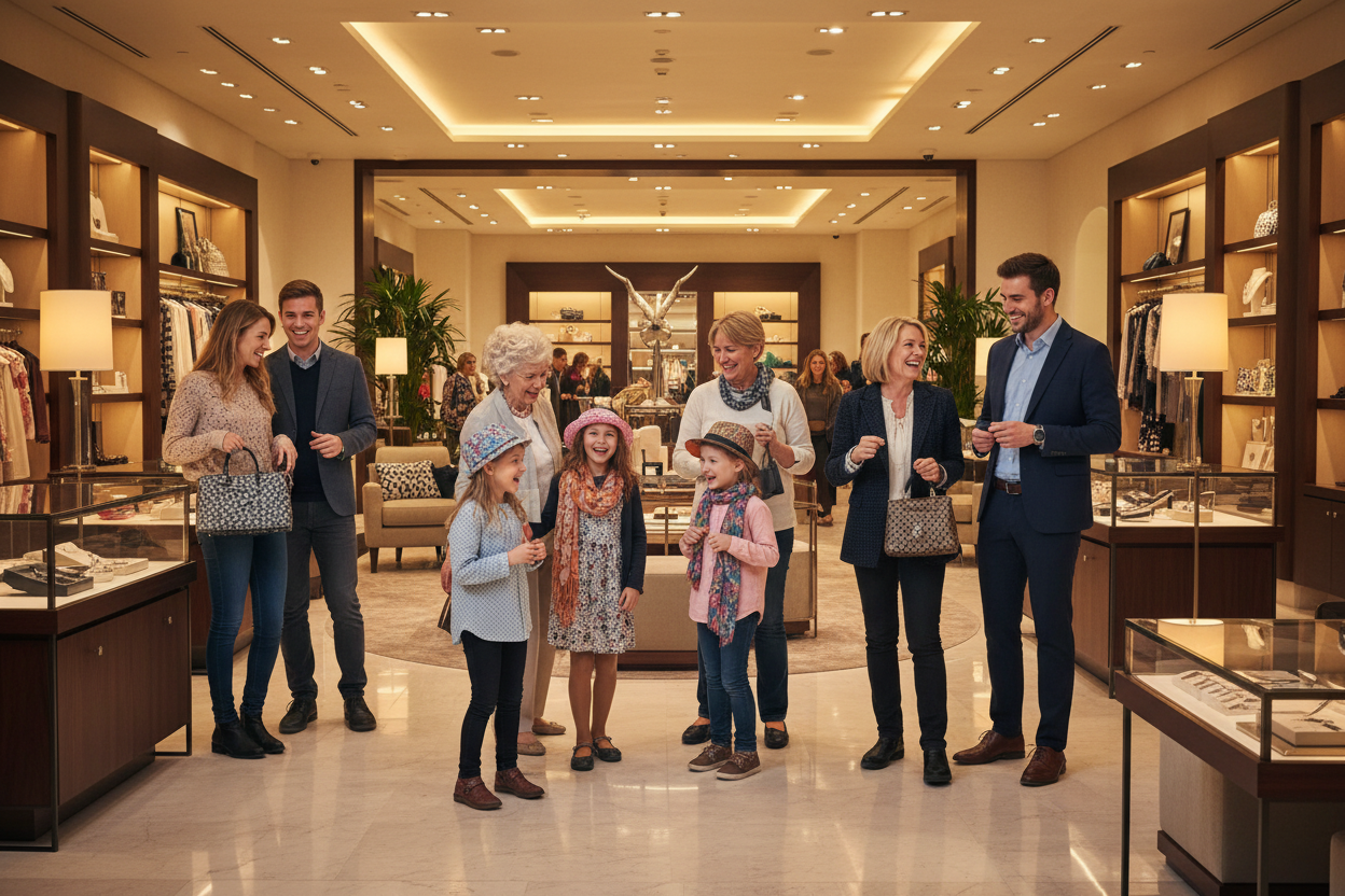 People of every age group shopping at elegant store and enjoying and laughing